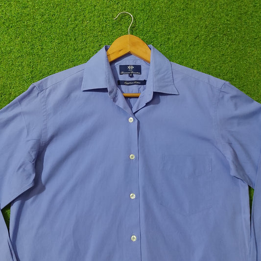 Blue Egyptian cotton button-down shirt by DHE Business Direction - collar close up