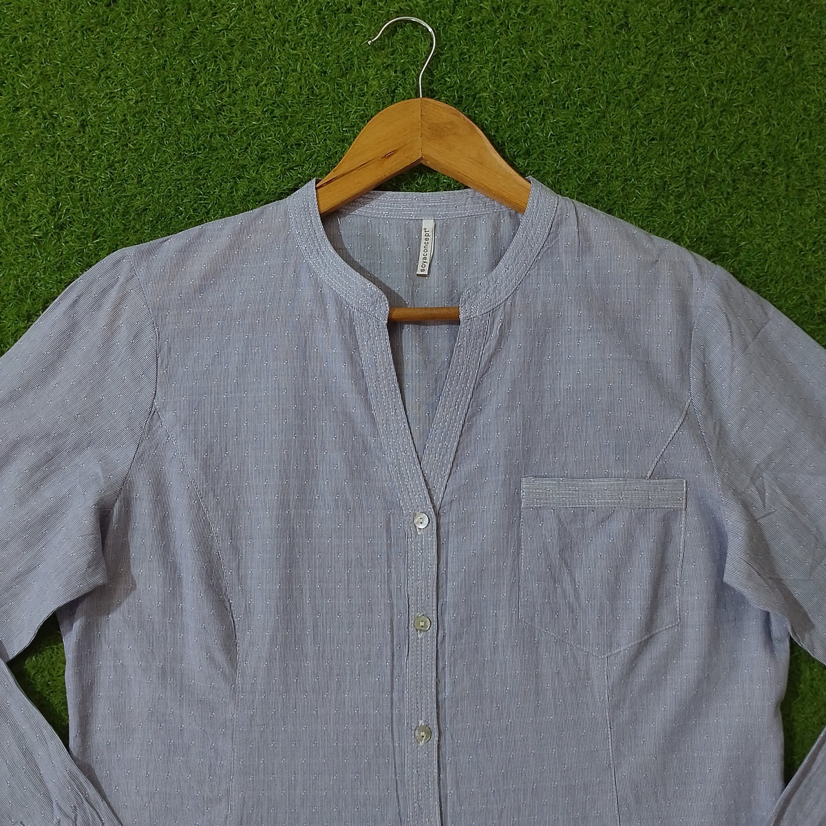 Light blue pinstripe band collar button-down shirt by Soya Concept - collar and neckline close up