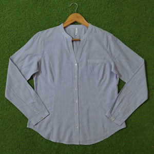 Blue Pinstripe Band Collar Button-Down Shirt