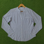 Light blue pinstripe band collar button-down shirt by Soya Concept - full front view on hanger