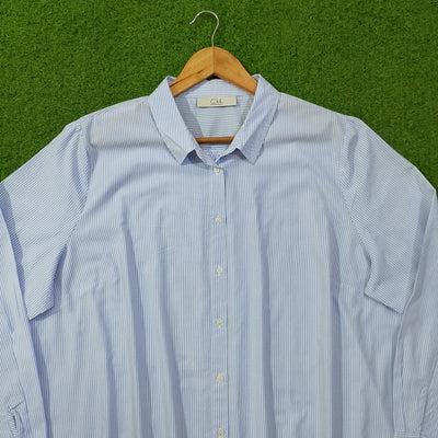 Blue pinstripe oversized button-down cotton shirt by CKH - collar and label close up - alternate view