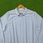 Blue pinstripe oversized button-down cotton shirt by CKH - collar and label close up