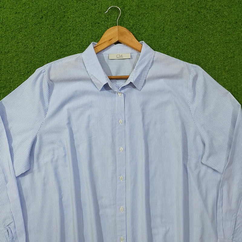 Blue pinstripe oversized button-down cotton shirt by CKH - collar and label close up