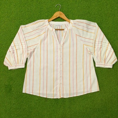 White diamond stripe puff sleeve cotton top by Papaya - full front view on hanger