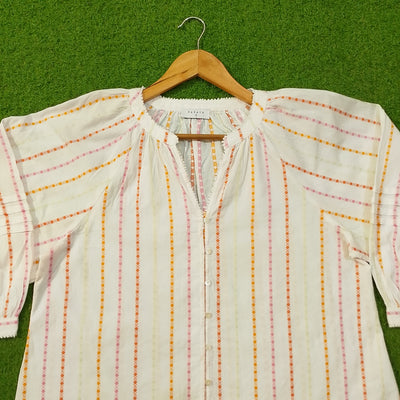 White diamond stripe puff sleeve cotton top by Papaya - collar and neckline close up - alternate view