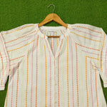 White diamond stripe puff sleeve cotton top by Papaya - collar and neckline close up