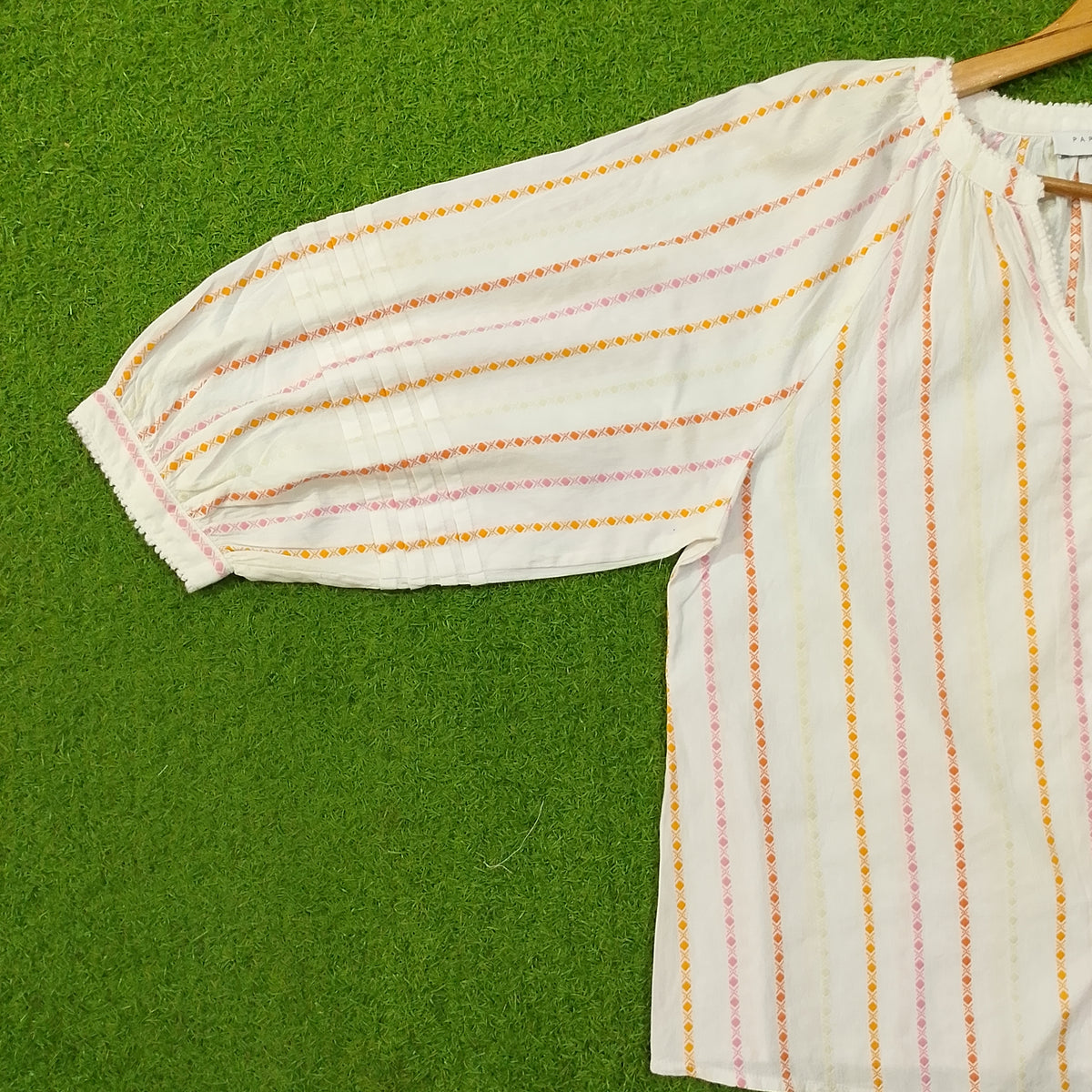 White diamond stripe puff sleeve cotton top by Papaya - sleeve detail close up