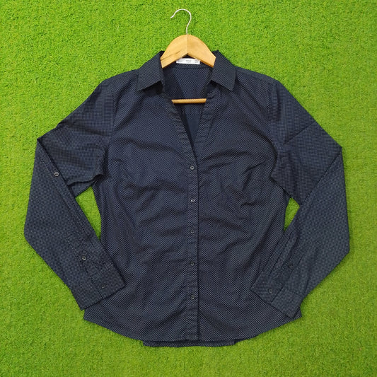 Navy blue polka dot cotton shirt by Mango - front view on hanger