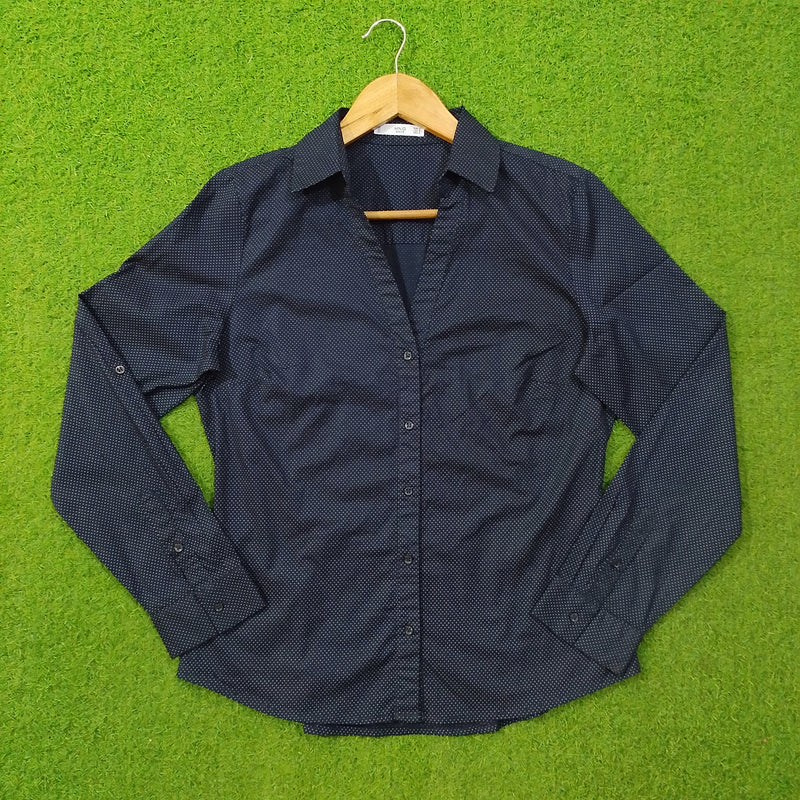Navy blue polka dot cotton shirt by Mango - front view on hanger