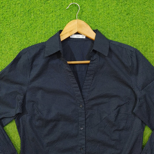 Navy blue polka dot cotton shirt by Mango - collar and label close up - alternate view