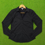 Black button-down cotton shirt by H&M - front view on hanger