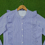 Blue stripe ruffle detail cotton shirt by Rut&Circle - close up neckline