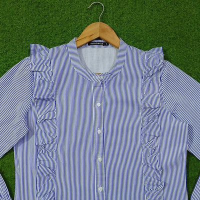 Blue stripe ruffle detail cotton shirt by Rut&Circle - close up neckline - alternate view