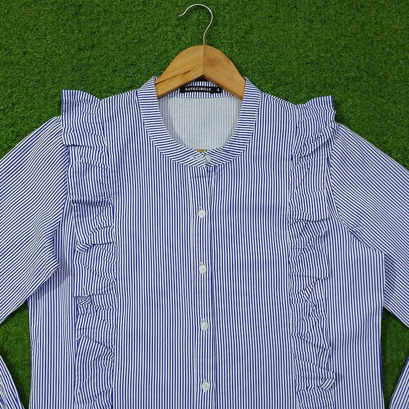 Blue stripe ruffle detail cotton shirt by Rut&Circle - close up neckline