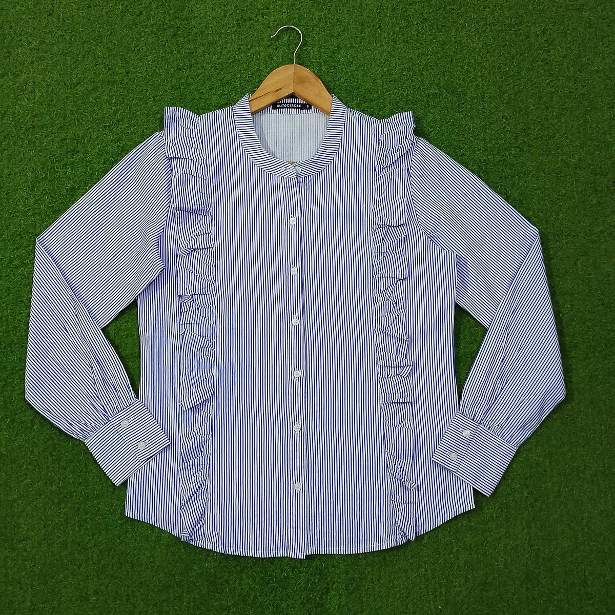 Blue stripe ruffle detail cotton shirt by Rut&Circle - full view