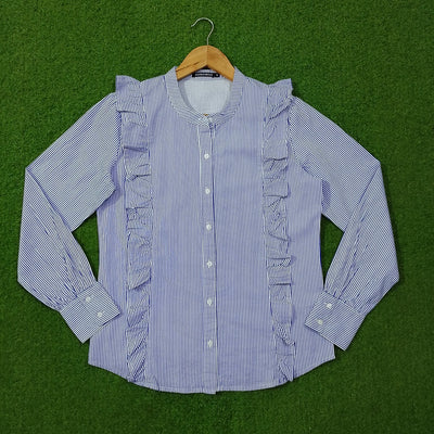 Blue stripe ruffle detail cotton shirt by Rut&Circle - full view
