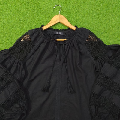 Black crochet lace puff sleeve cotton top by Ibana - neckline and label close up - alternate view
