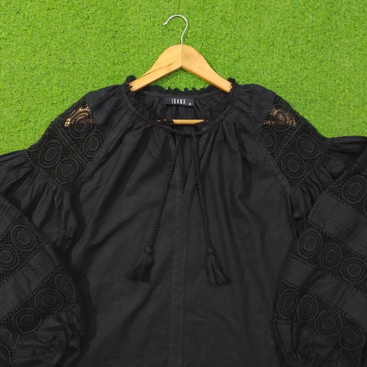 Black crochet lace puff sleeve cotton top by Ibana - neckline and label close up - alternate view