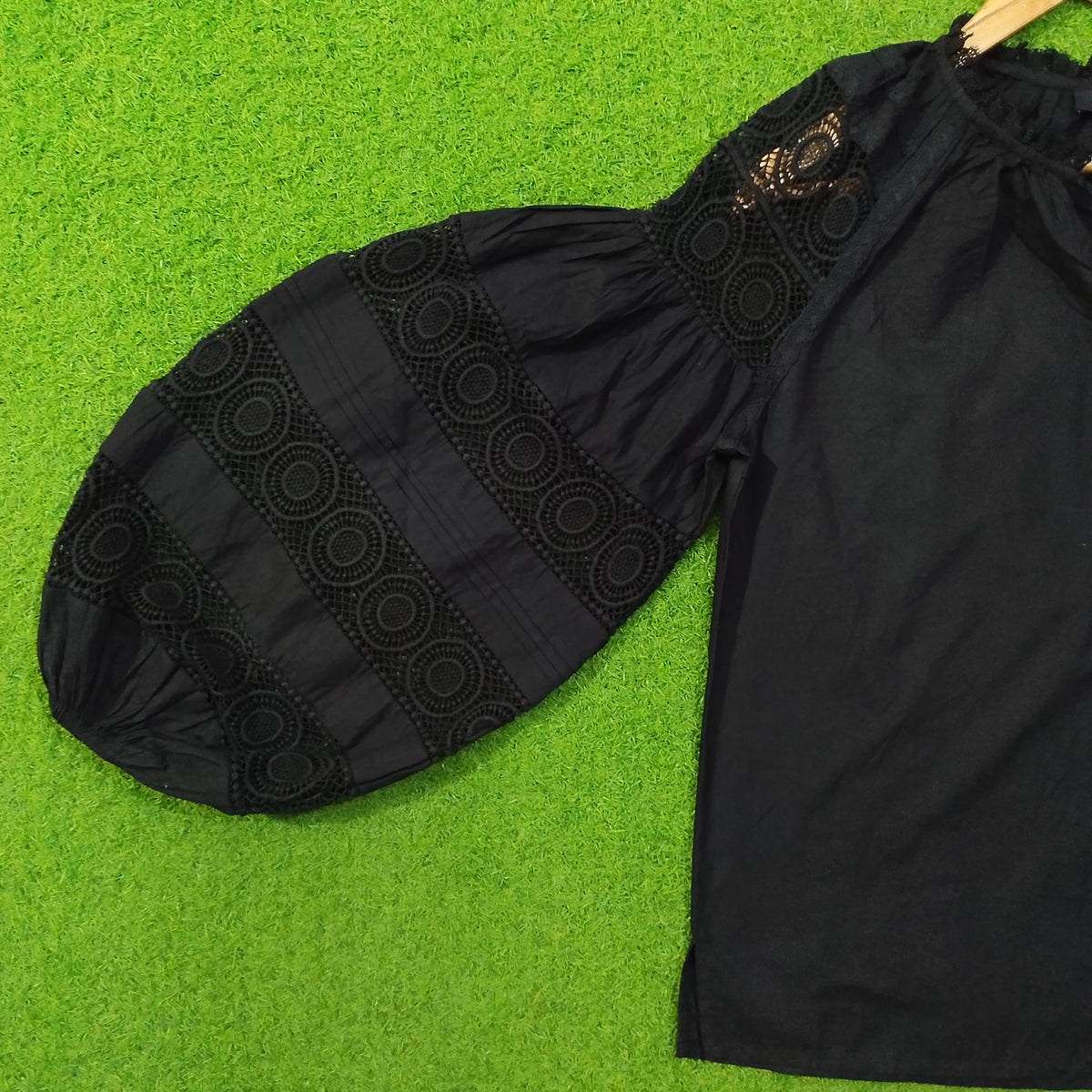 Black crochet lace puff sleeve cotton top by Ibana - sleeve crochet detail close up