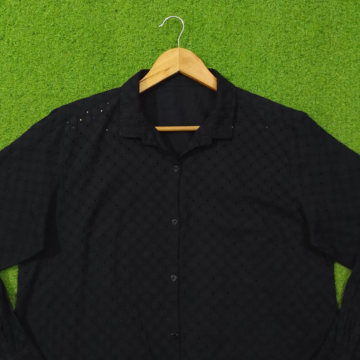 Black eyelet cotton oversized shirt - collar and upper body close up