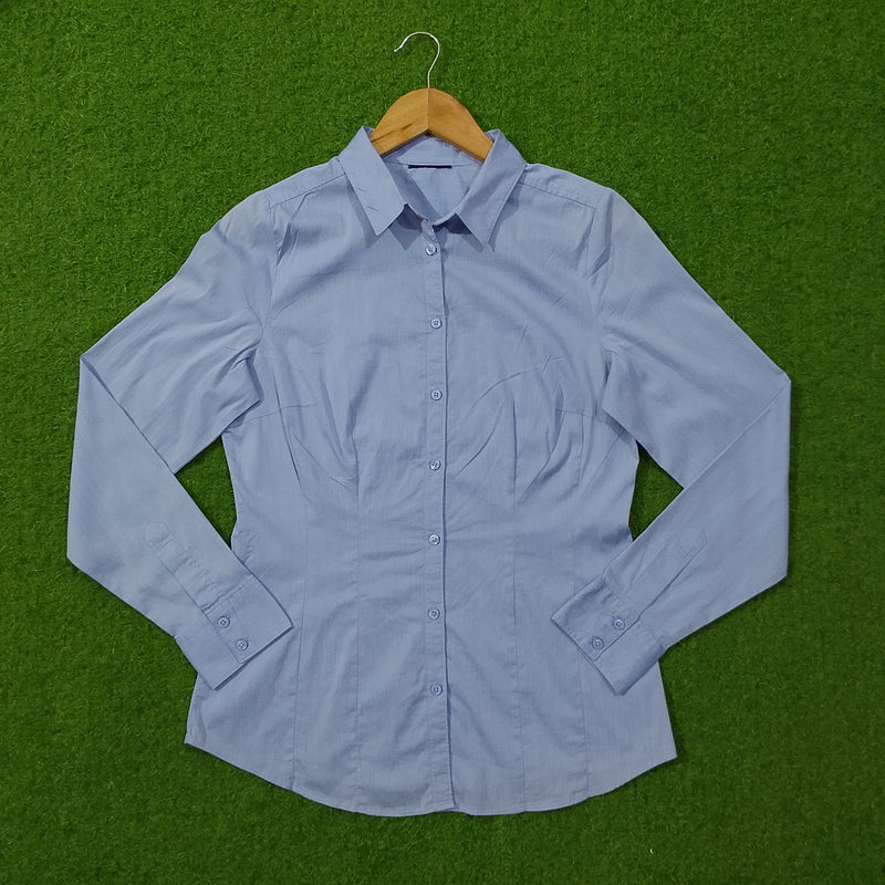 Light blue button-down cotton shirt - front view on hanger