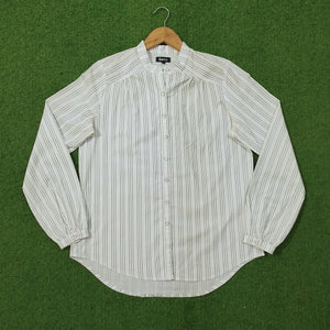 White Striped Band Collar Cotton Shirt