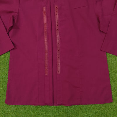 Magenta hidden button collar shirt by Scarell - back detail with tonal stitching - alternate view