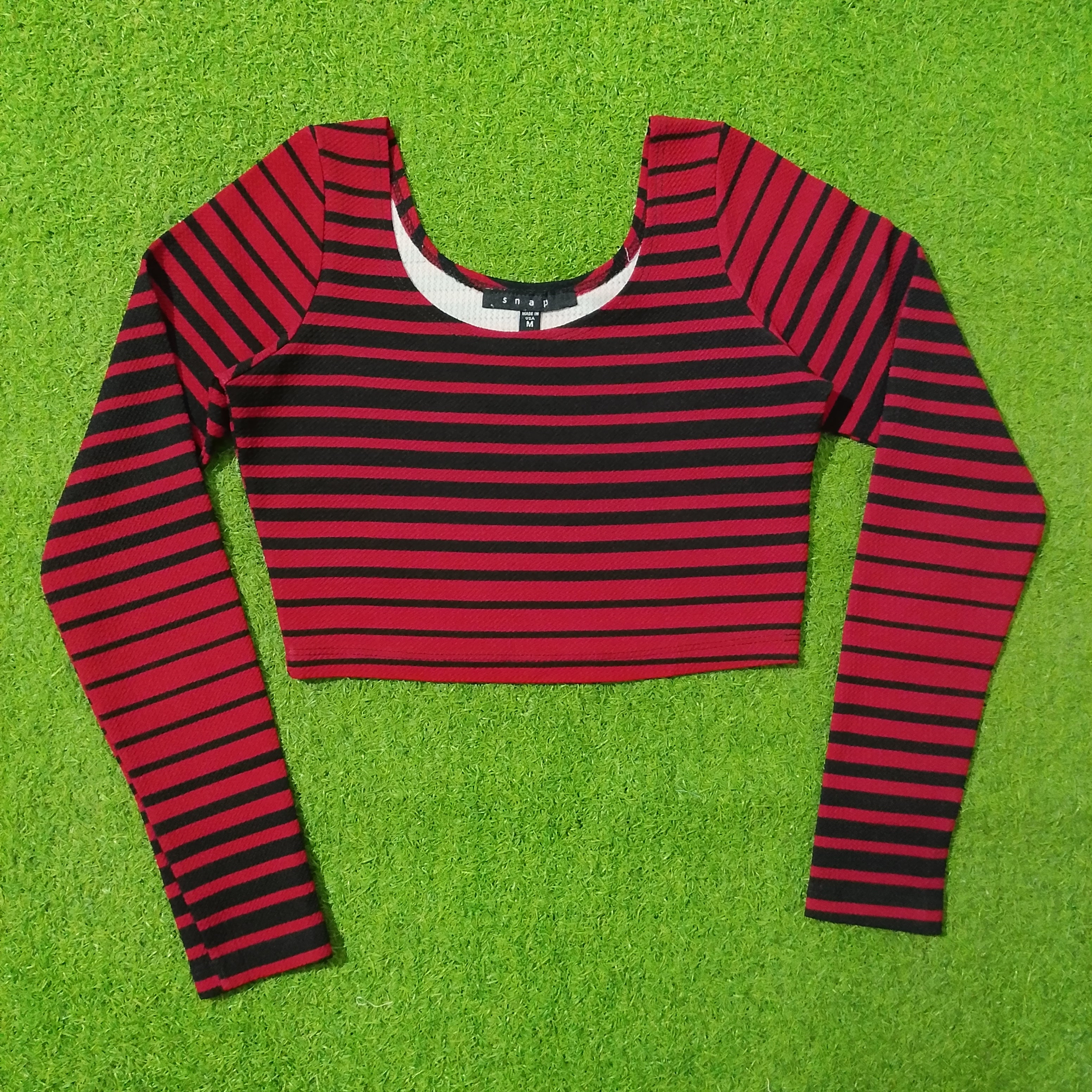 Red & Black Striped Long Sleeve Crop Top
