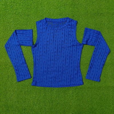 Royal Blue Crochet Cutout Long Sleeve Top - alternate view