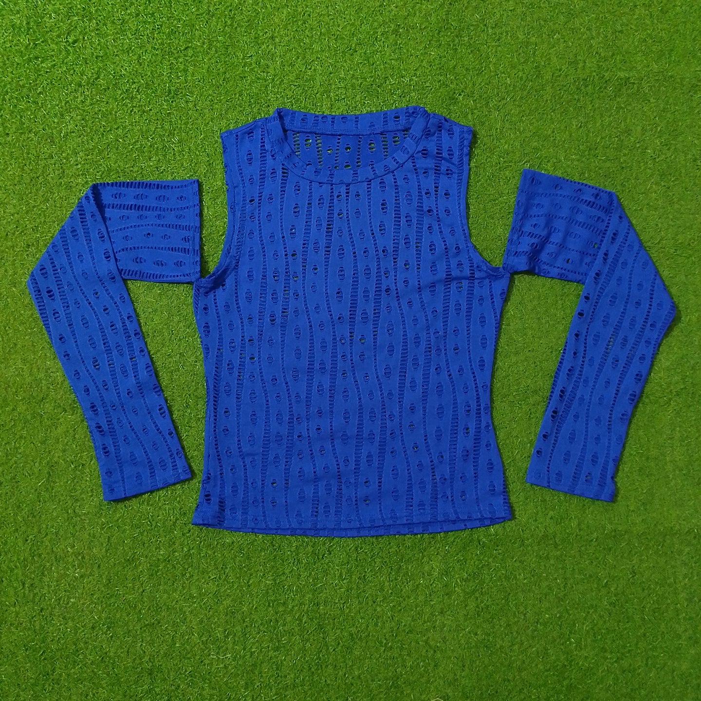 Royal Blue Crochet Cutout Long Sleeve Top