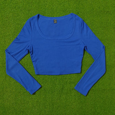 Royal Blue Ribbed Scoop Neck Long Sleeve Crop Top