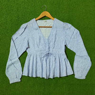 Blue Floral Print Chiffon Peplum V-Neck Long Sleeve Top