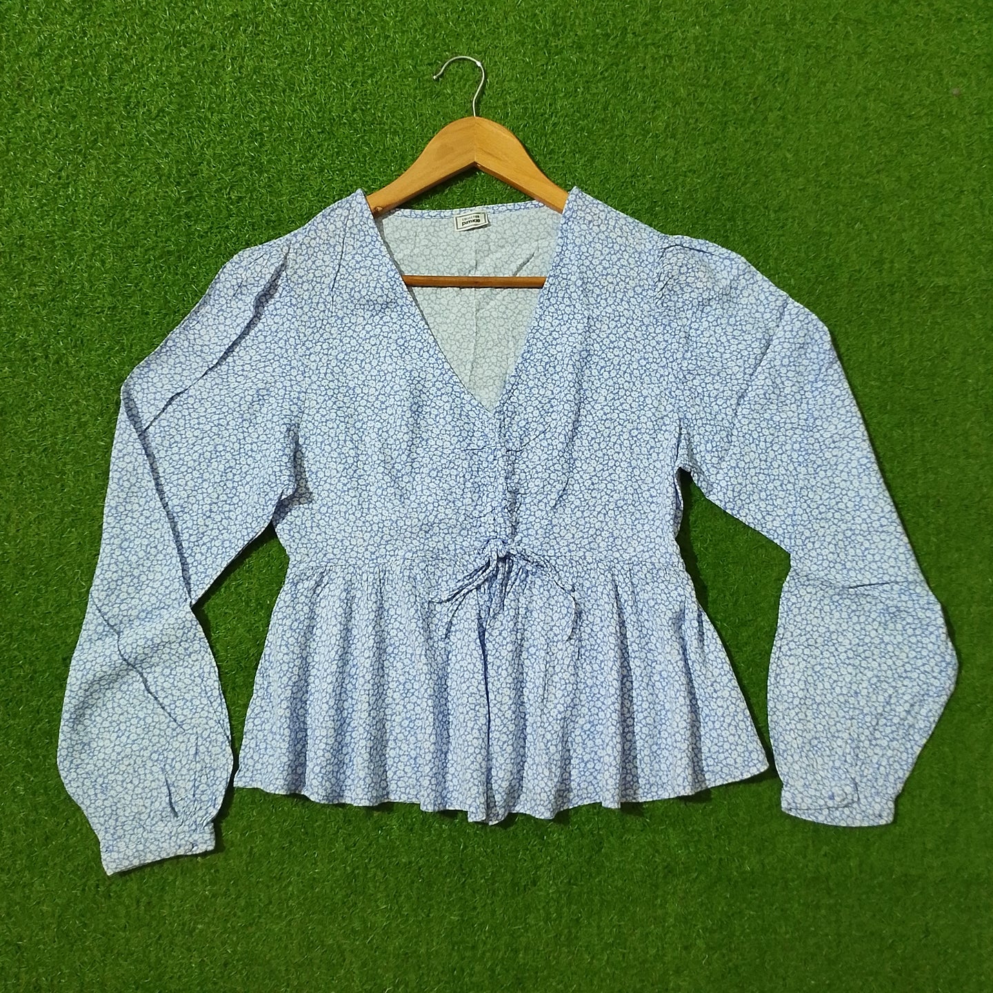 Blue Floral Print Chiffon Peplum V-Neck Long Sleeve Top