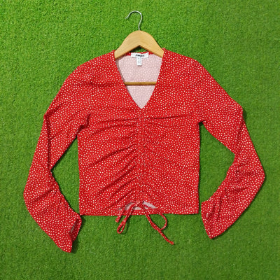 Red Polka Dot Ruched Drawstring V-Neck Flare Sleeve Crop Top
