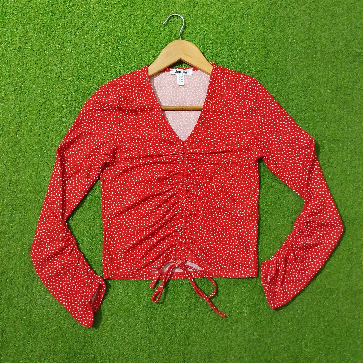 Red Polka Dot Ruched Drawstring V-Neck Flare Sleeve Crop Top