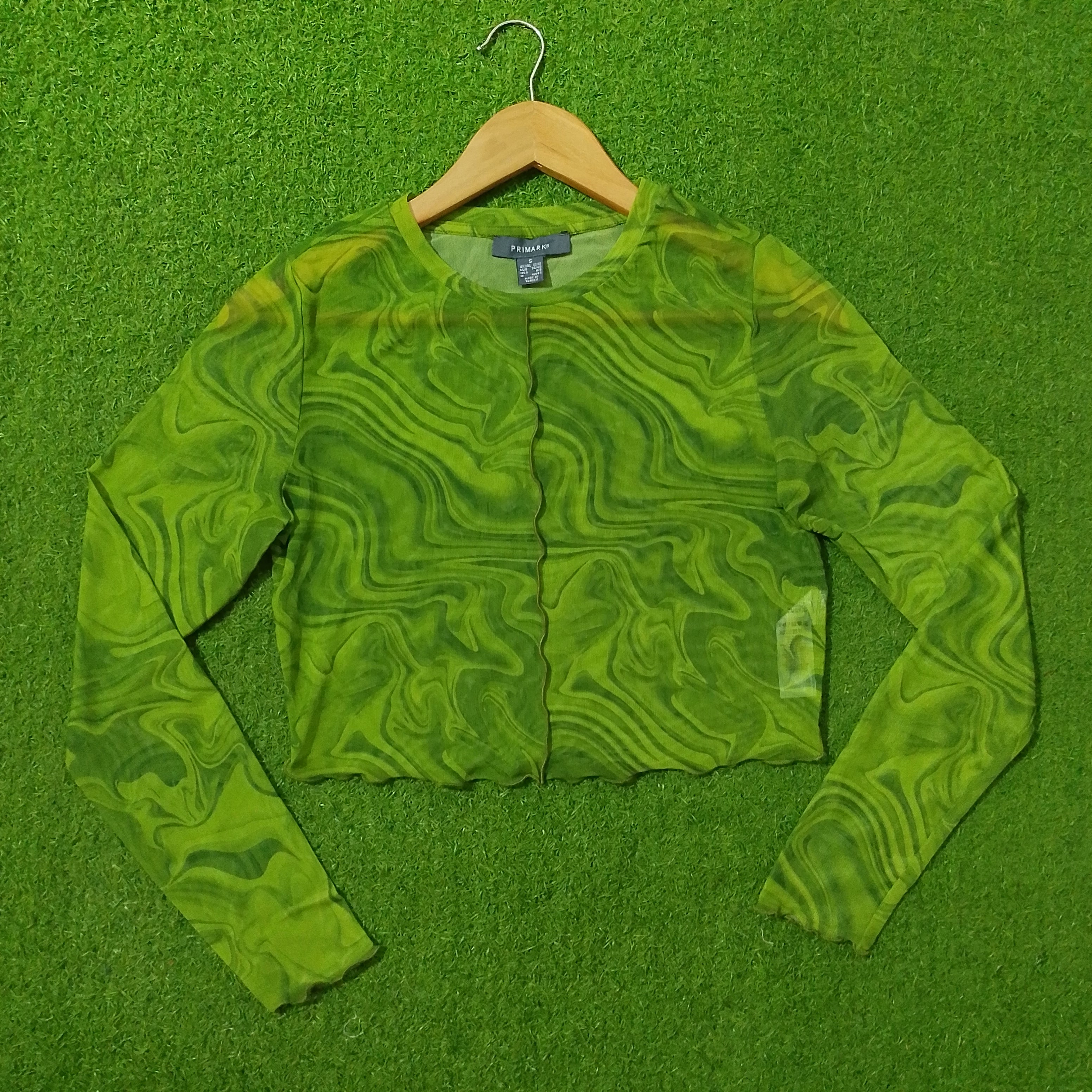 Green Swirl Print Mesh Long Sleeve Crop Top