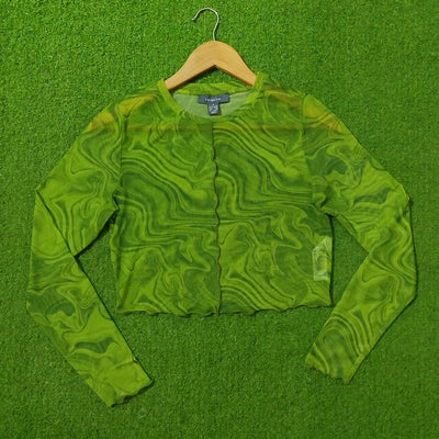 Green Swirl Print Mesh Long Sleeve Crop Top