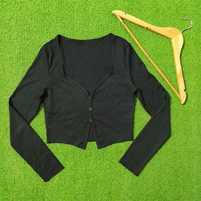 Black Ribbed Button-Front Long Sleeve Crop Top