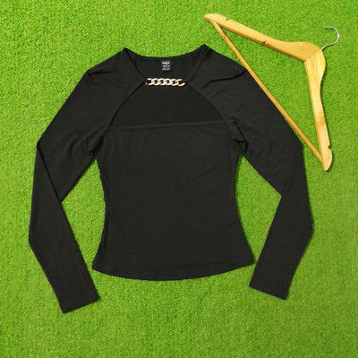Black Chain Detail Long Sleeve Jersey Top - Front View
