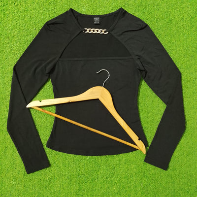Black Chain Detail Long Sleeve Jersey Top - Second View - alternate view