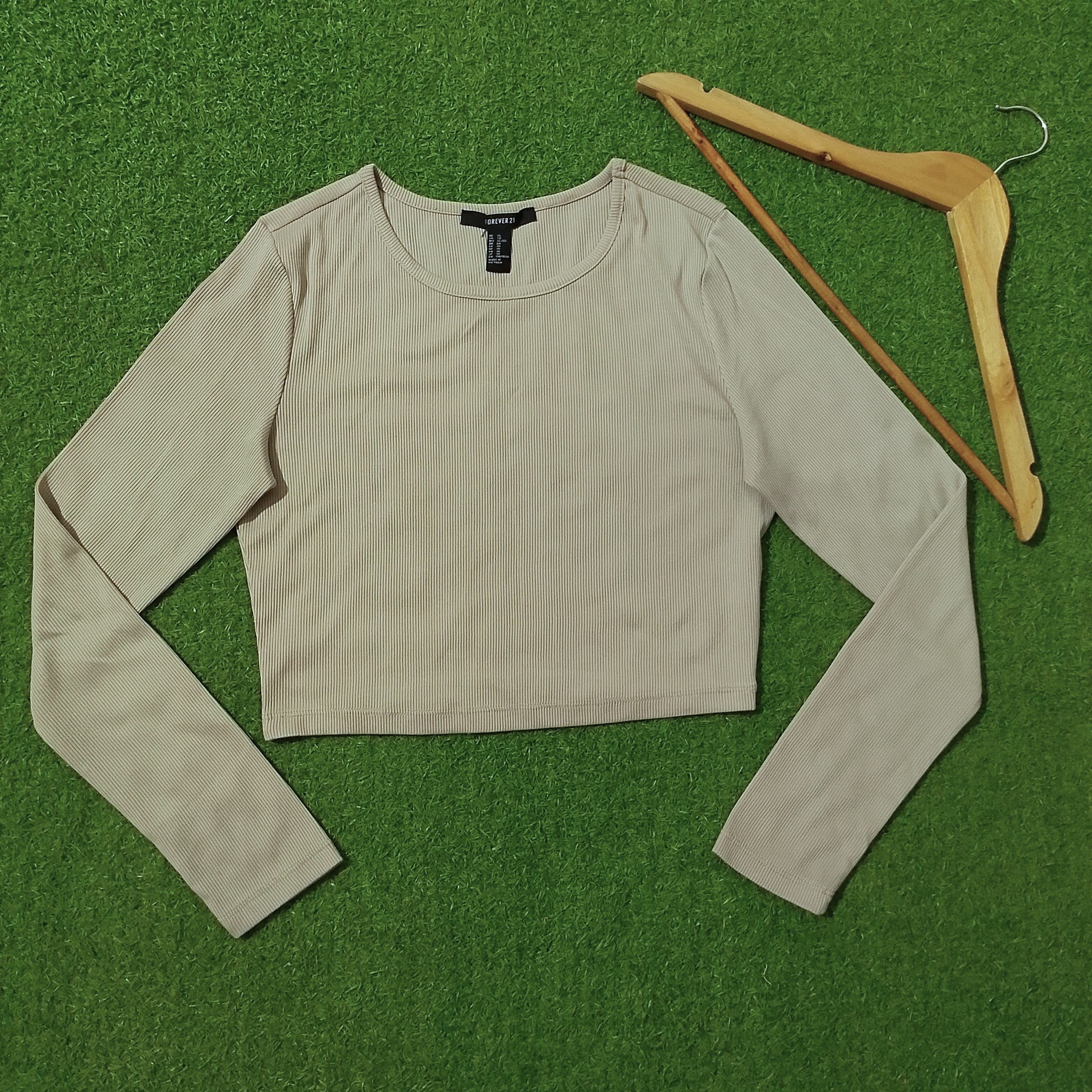 Beige Ribbed Round Neck Long Sleeve Crop Top
