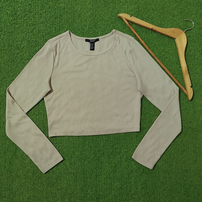 Beige Ribbed Round Neck Long Sleeve Crop Top - alternate view