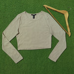 Beige Ribbed Round Neck Long Sleeve Crop Top
