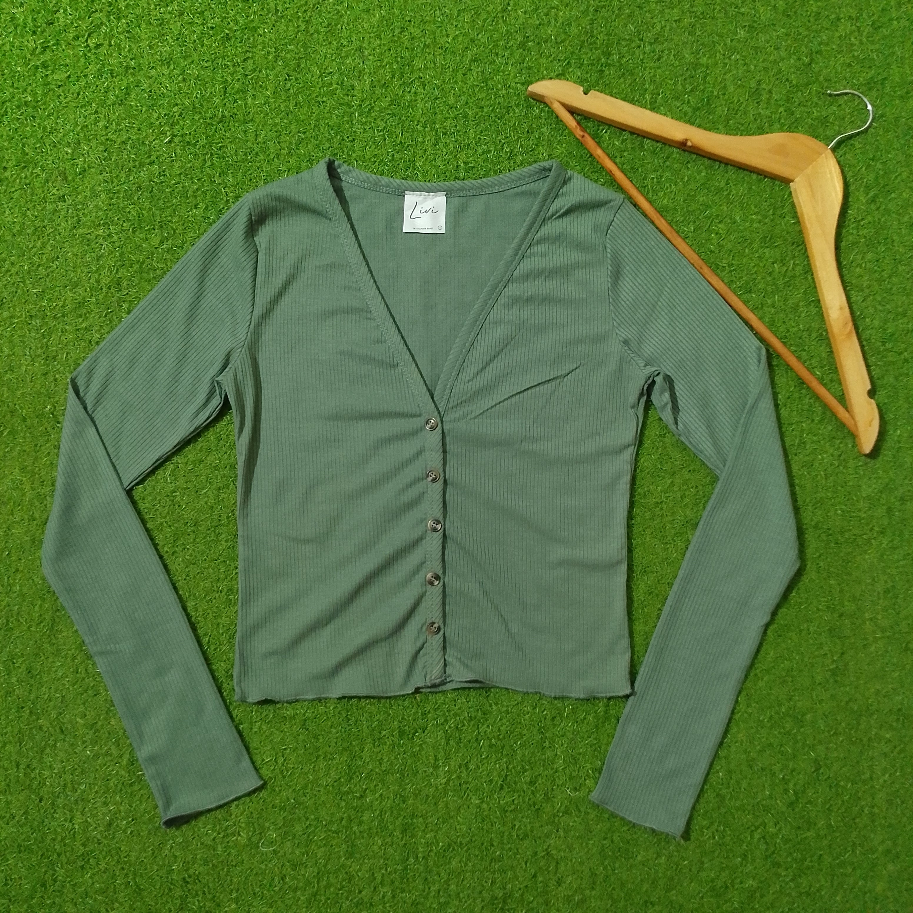 Sage Green Ribbed Button-Front V-Neck Long Sleeve Crop Top