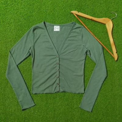 Sage Green Ribbed Button-Front V-Neck Long Sleeve Crop Top - alternate view