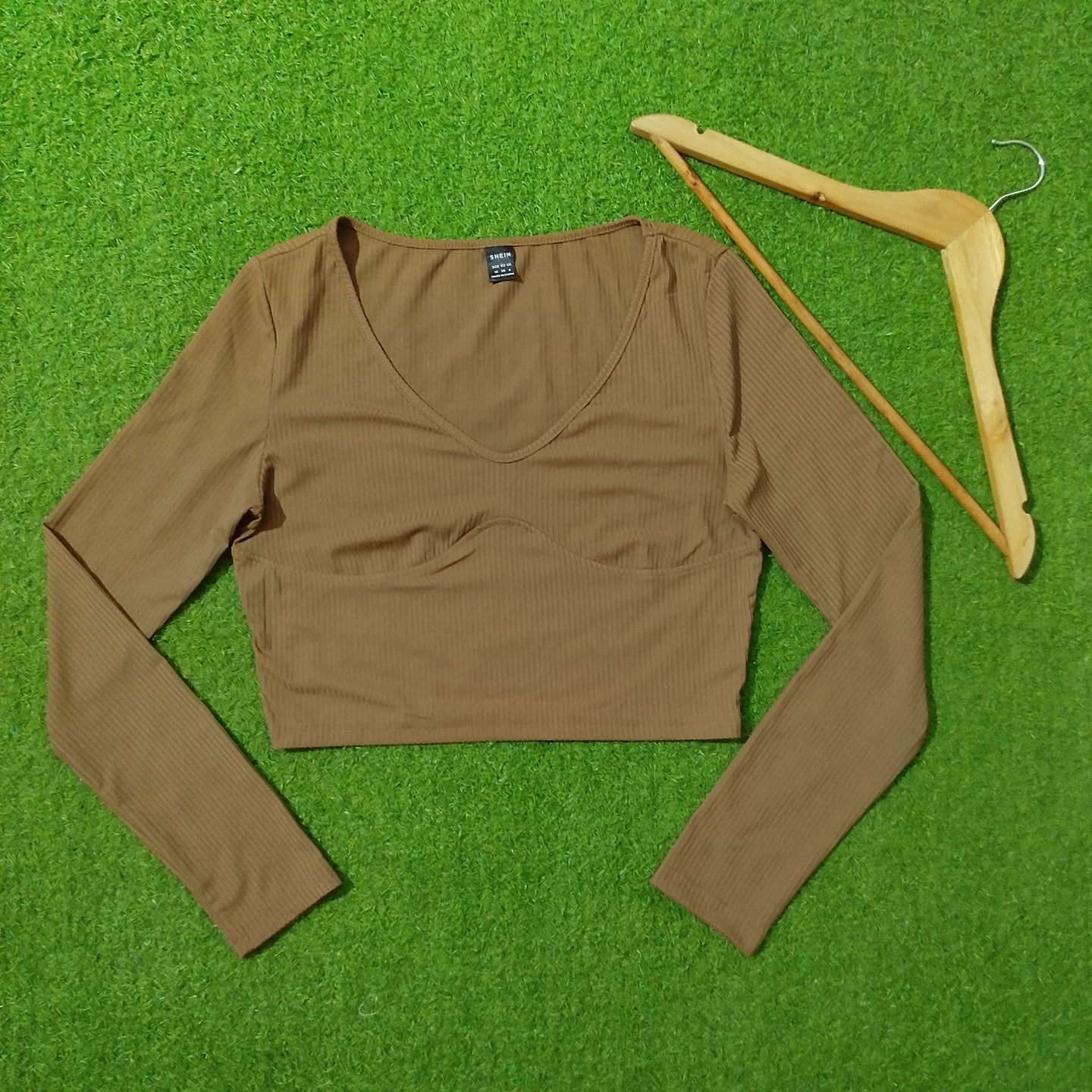 Mocha Brown Ribbed V-Neck Long Sleeve Crop Top