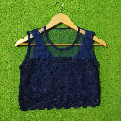 Navy Blue Lace Scallop Hem Lined Sleeveless Crop Top