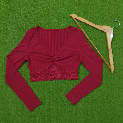 Burgundy Ribbed Lace Hem Twist Front V-Neck Long Sleeve Crop Top - alternate view