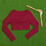 Burgundy Ribbed Lace Hem Twist Front V-Neck Long Sleeve Crop Top