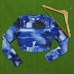 Blue Abstract Print Mesh Long Sleeve Crop Top